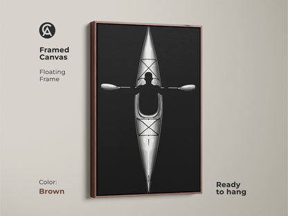 Framed canvas with floating frame featuring minimalist kayak line artwork in brown. Ready to hang this black and white paddler print is perfect as kayak enthusiast gift.