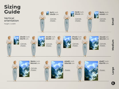Find the perfect size with this vertical orientation sizing guide. Visualize how this digital painting landscape art print fits in your space. Available in various sizes this fantasy waterfall wall art enhances any bedroom nature decor.