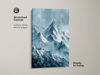 Stretched canvas art featuring snow-covered mountains. The gallery wrap with mirrored edges gives a modern touch. This mountain artwork is ready to hang enhancing your home decor with natural beauty.