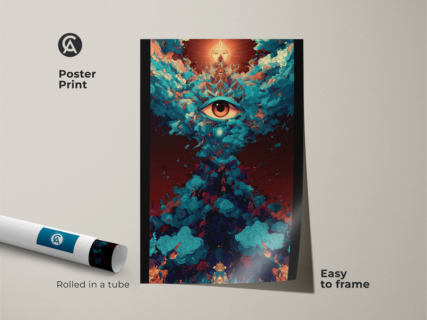 Easy-to-frame poster print of a surreal eye. Rolled in a tube for protection this psychedelic wall art is ready to hang. This spiritual abstract artwork brings unique energy. Teal and orange hues enhance any space. Perfect for eclectic home decor.
