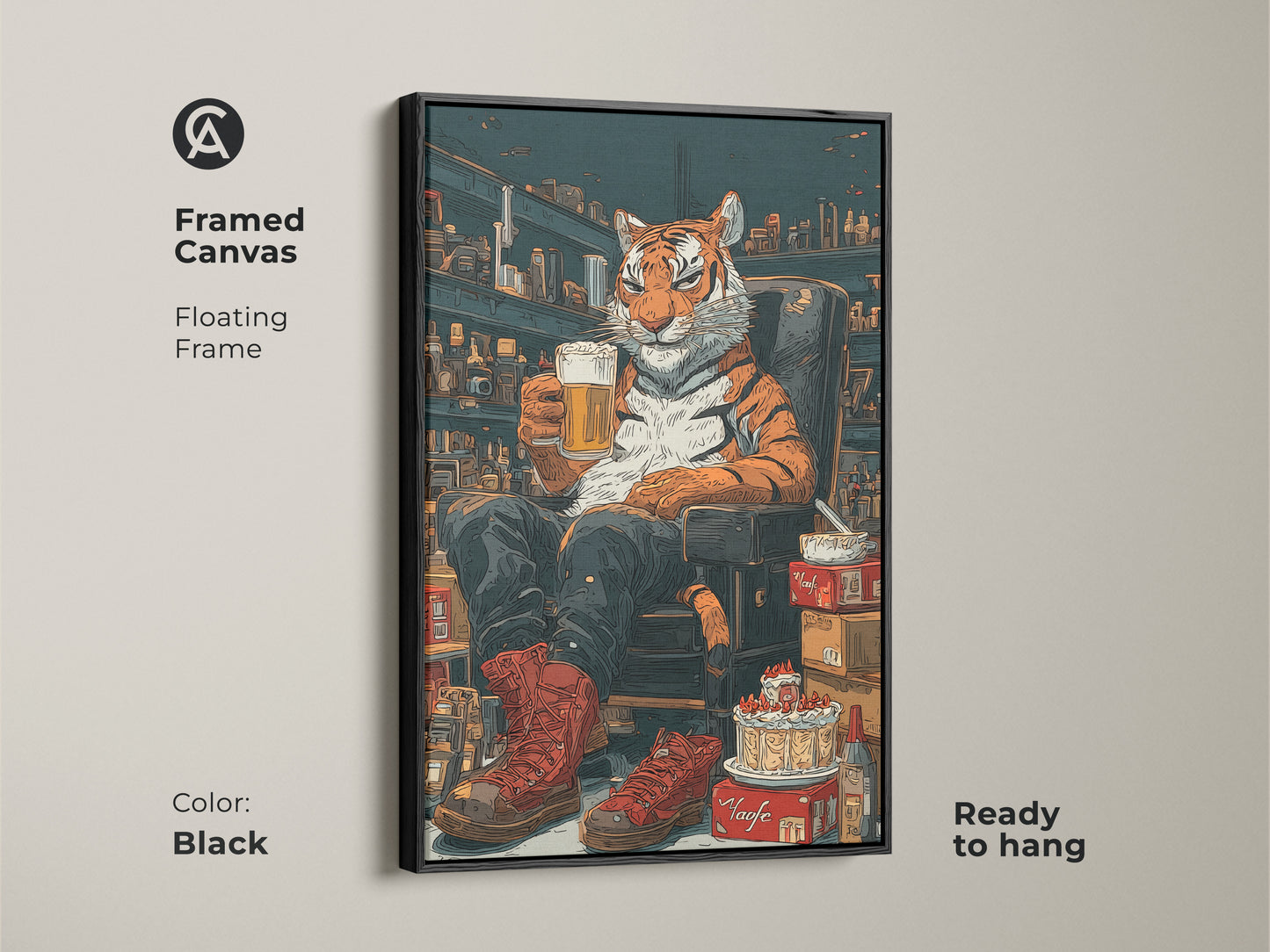 Framed canvas featuring a tiger drinking beer in a black floating frame. This pop art tiger wall decor is ready to hang. The comic style animal artwork is perfect as bar room canvas print or unique man cave art.