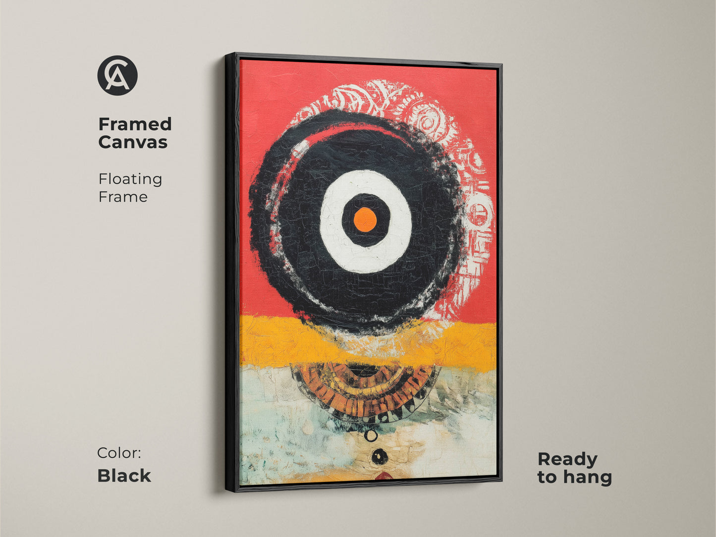 Framed canvas featuring geometric abstract artwork with a floating frame. The black frame enhances the vivid red yellow and black colors. Ready to hang this contemporary wall art adds sophistication. Perfect for modern and eclectic home decor. Enhance your living or office space.