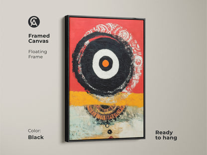 Framed canvas featuring geometric abstract artwork with a floating frame. The black frame enhances the vivid red yellow and black colors. Ready to hang this contemporary wall art adds sophistication. Perfect for modern and eclectic home decor. Enhance your living or office space.