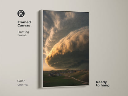 Framed canvas with a white floating frame presents dramatic cloudscape artwork. This nature-inspired piece with a golden yellow cloud enhances modern farmhouse decor. Ready-to-hang scenic countryside print. Perfect as housewarming gift idea for unique nature wall art.
