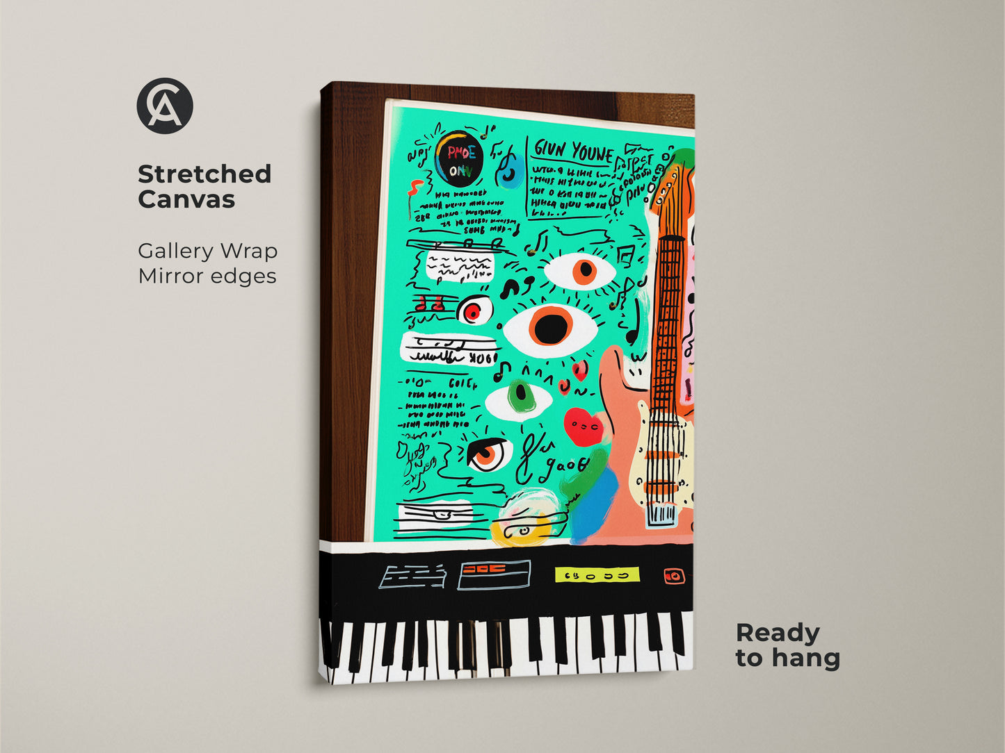 A stretched canvas showcases teal orange pop art. The gallery wrap and mirror edges accent the eclectic music artwork. Featuring a guitar keyboard abstract art it is ready to hang. A perfect music lover gift wall art for adding personality to a studio or office space.