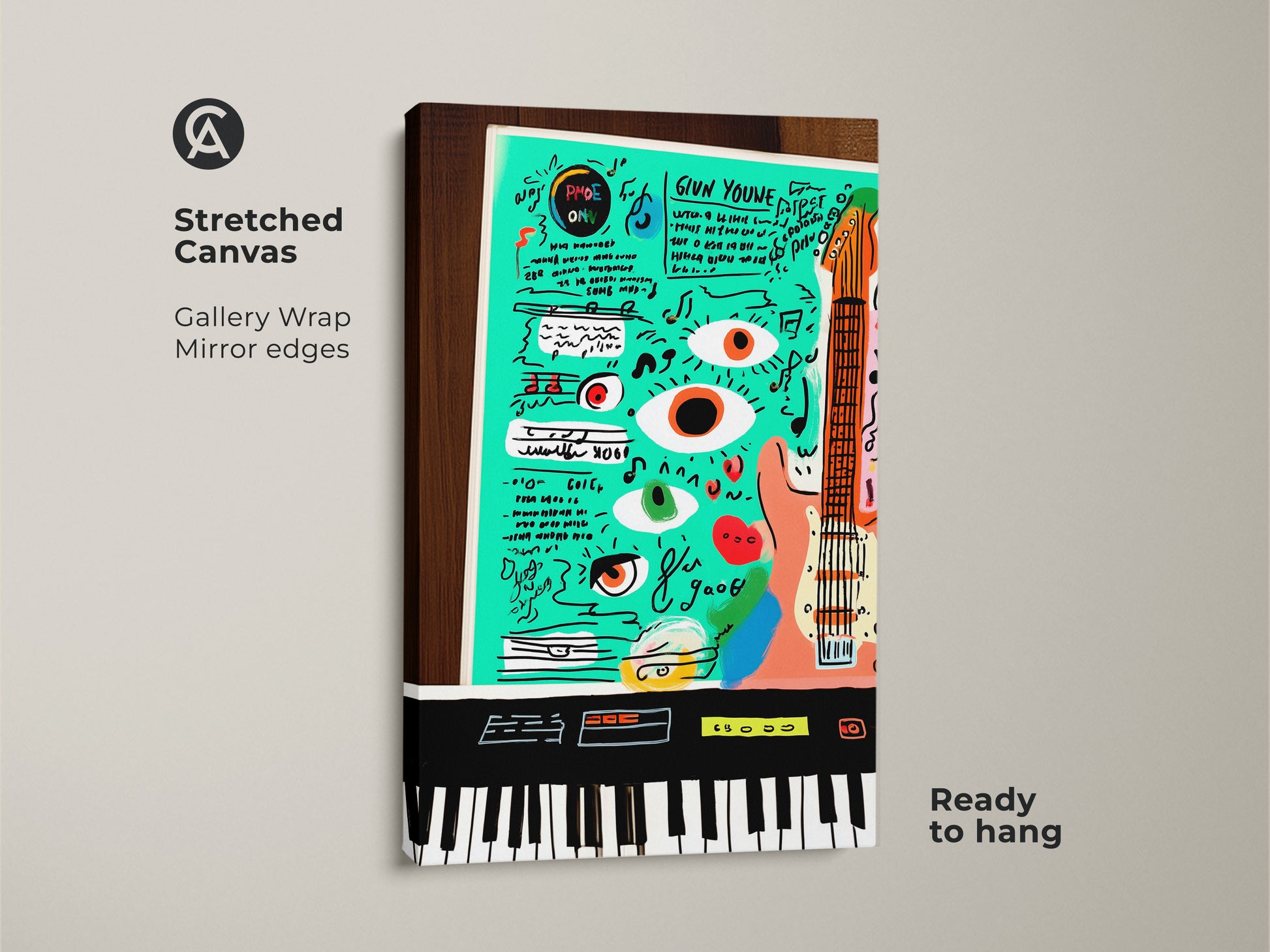 A stretched canvas showcases teal orange pop art. The gallery wrap and mirror edges accent the eclectic music artwork. Featuring a guitar keyboard abstract art it is ready to hang. A perfect music lover gift wall art for adding personality to a studio or office space.