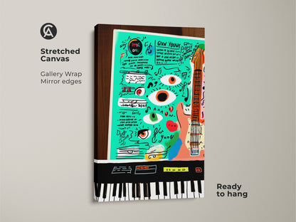 A stretched canvas showcases teal orange pop art. The gallery wrap and mirror edges accent the eclectic music artwork. Featuring a guitar keyboard abstract art it is ready to hang. A perfect music lover gift wall art for adding personality to a studio or office space.
