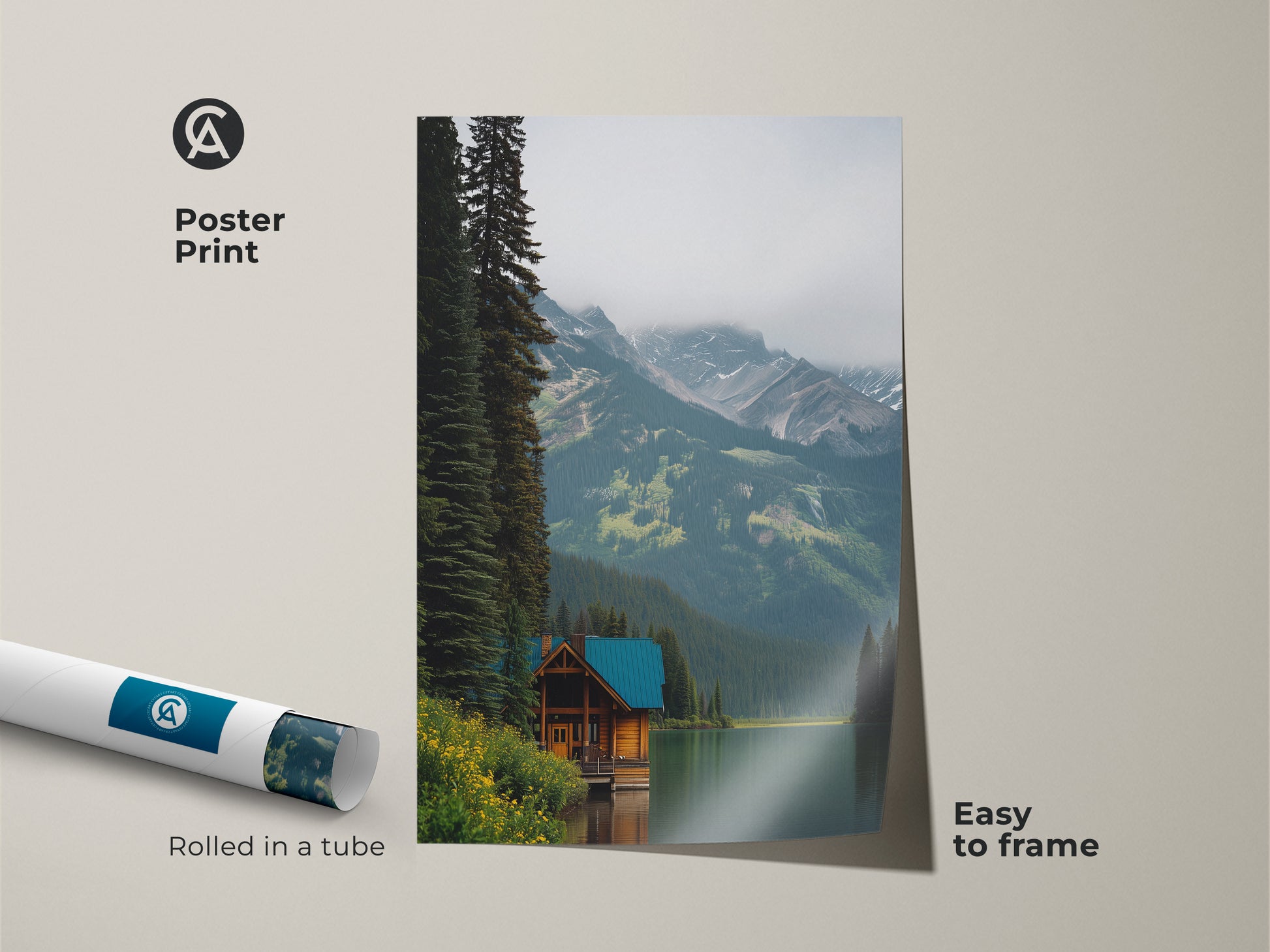 Poster Print of Forest Trees Landscape. This serene lake artwork comes rolled in a tube for easy framing. A photorealistic mountain view brings a woodland cabin scene to life. Ideal for natural home decor.