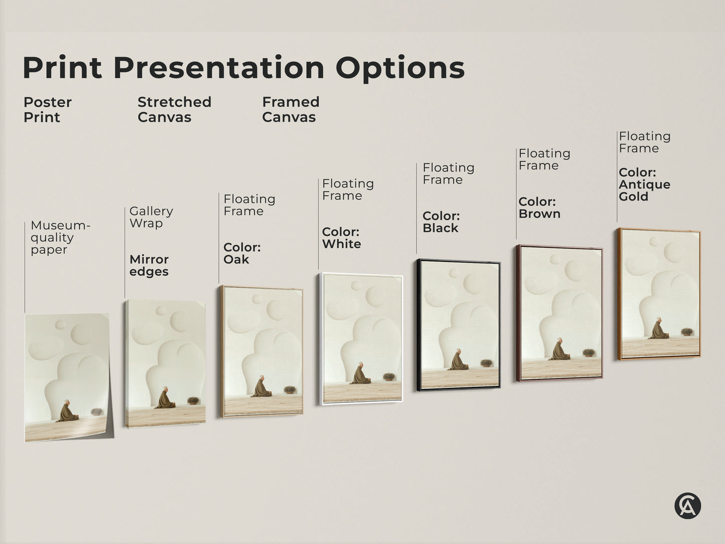 Print presentation options featuring poster print stretched canvas and framed canvas. Zen elderly man in meditation with soft cream tones. Floating frames include Black Brown Antique Gold White and Oak. The Zen art will add calm to any room.