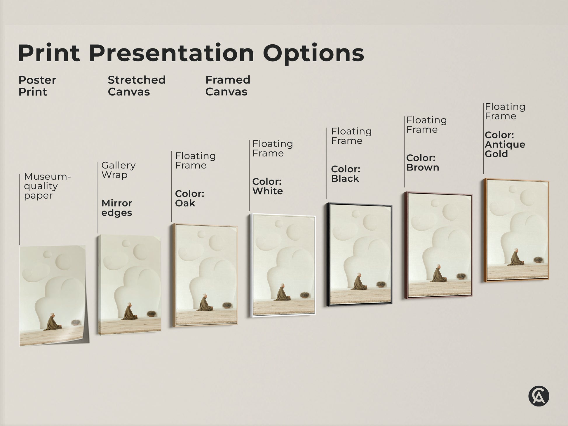 Print presentation options featuring poster print stretched canvas and framed canvas. Zen elderly man in meditation with soft cream tones. Floating frames include Black Brown Antique Gold White and Oak. The Zen art will add calm to any room.
