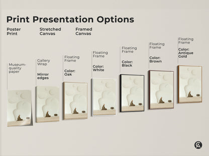 Print presentation options featuring poster print stretched canvas and framed canvas. Zen elderly man in meditation with soft cream tones. Floating frames include Black Brown Antique Gold White and Oak. The Zen art will add calm to any room.