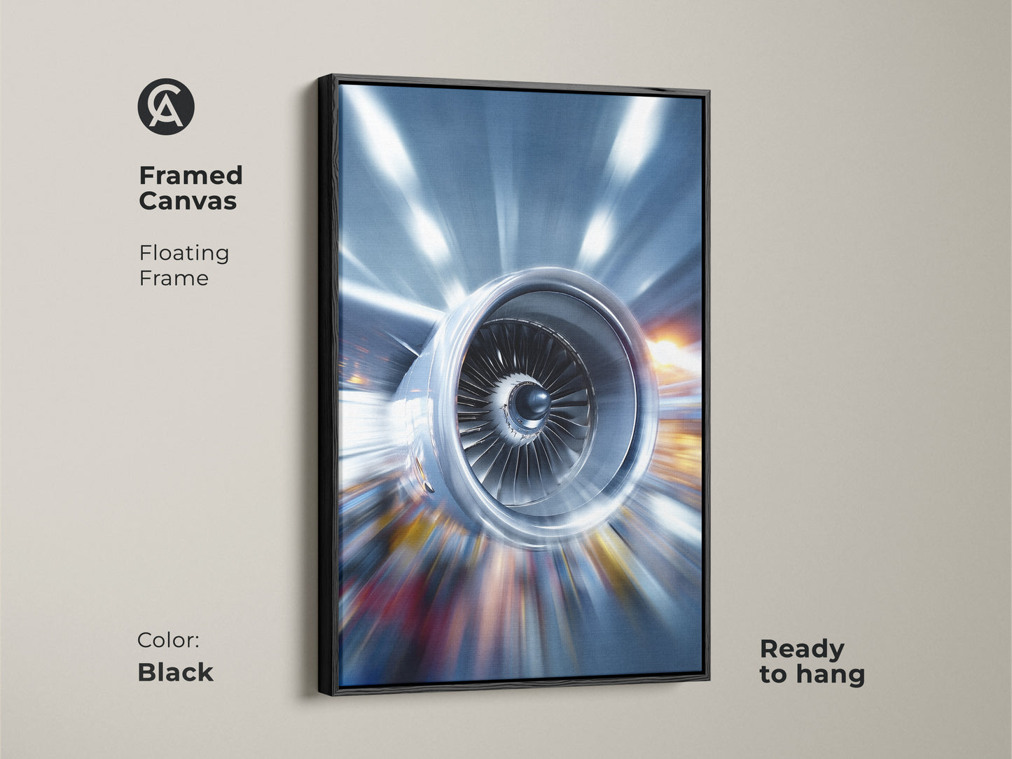 Framed canvas featuring abstract jet engine art with a black floating frame. The metallic blue artwork brings modern industrial style to any wall. Ready to hang this piece is perfect for technology lovers. The sleek black frame enhances the powerful engine artwork.