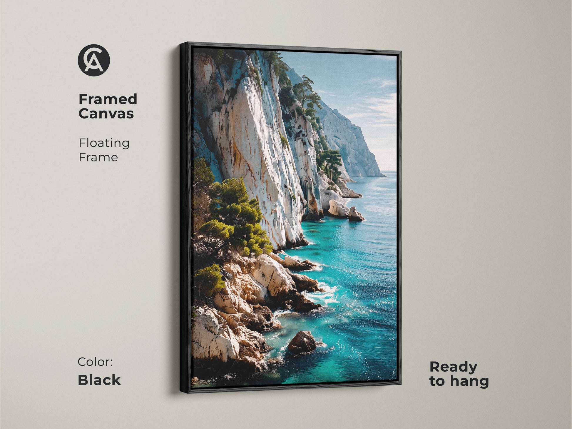 Framed canvas floating frame in black featuring coastal cliff art. The photorealistic turquoise blue seascape enhances any room. This nature inspired artwork brings the ocean indoors. Ready to hang for easy installation. A perfect piece of wall decor for coastal living.