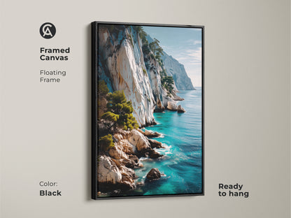 Framed canvas floating frame in black featuring coastal cliff art. The photorealistic turquoise blue seascape enhances any room. This nature inspired artwork brings the ocean indoors. Ready to hang for easy installation. A perfect piece of wall decor for coastal living.