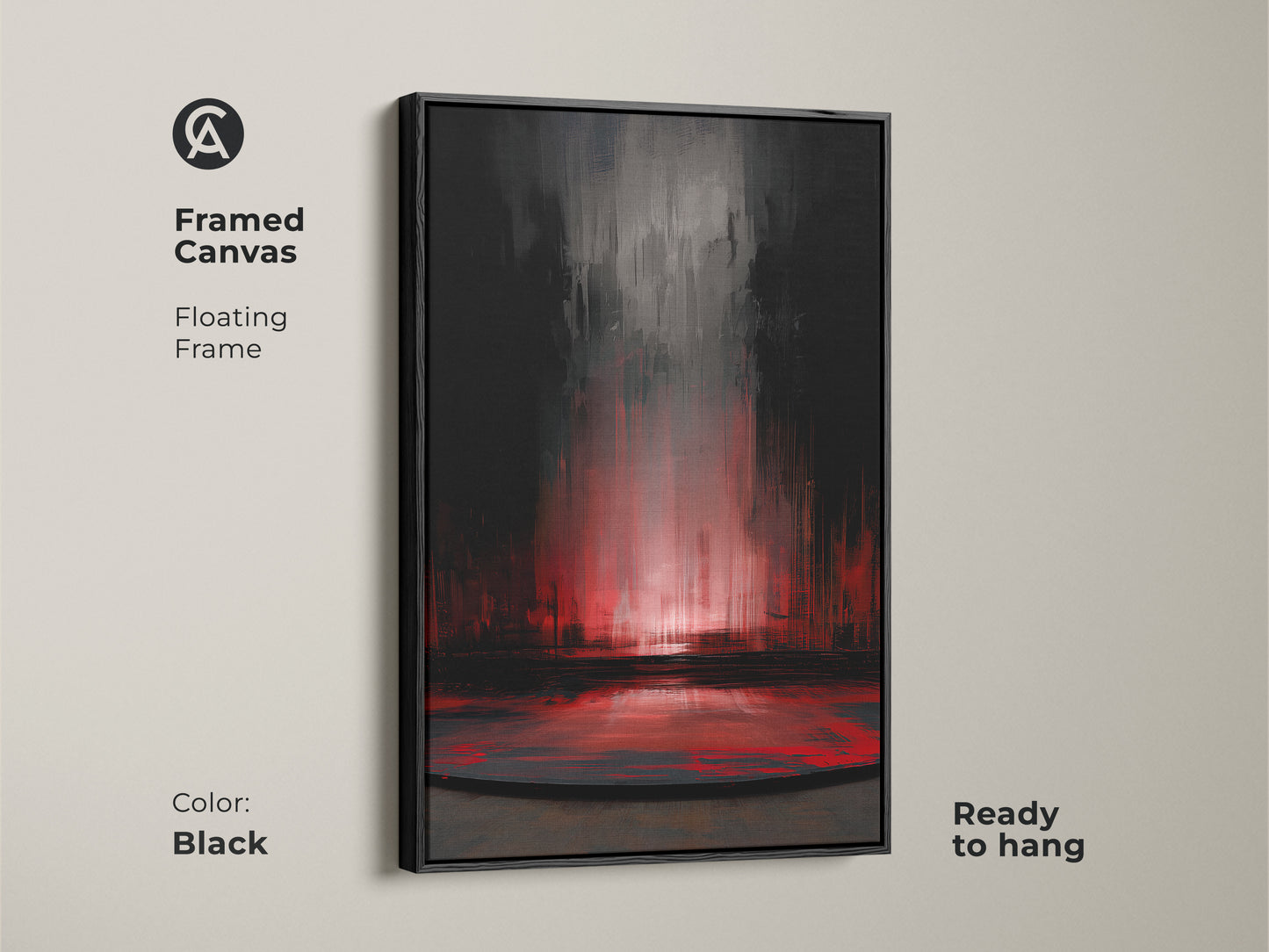 Framed canvas featuring dark grey and crimson abstract artwork. The floating frame has a black finish which enhances the contemporary aesthetic. Ready to hang this textured red wall art adds a modern focal point. The artwork will complement any home office or living space with its bold and expressive style.