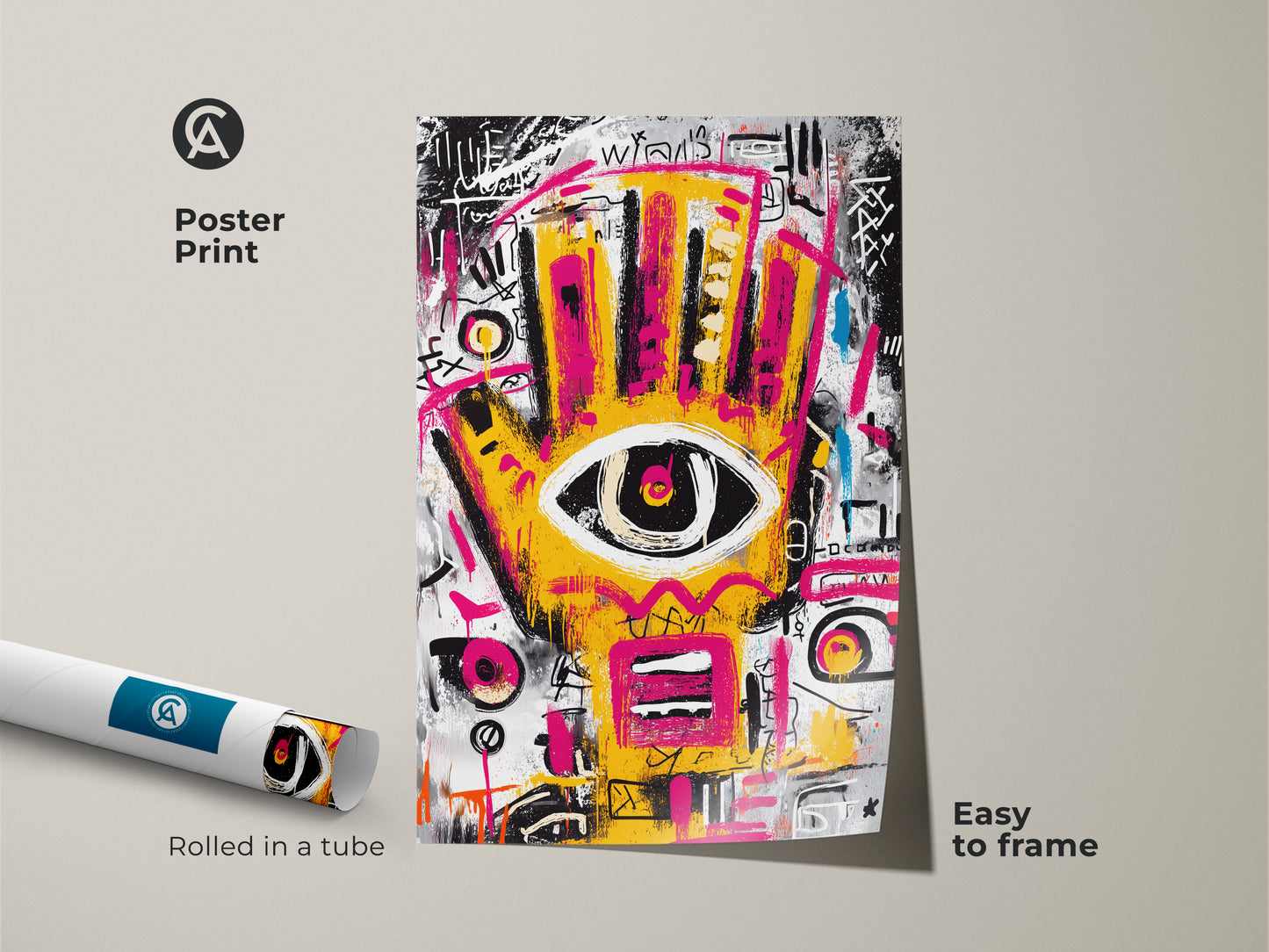 Poster print of abstract art. Features a yellow and pink hand with an eye. This modern art piece is easy to frame. The artwork is rolled in a tube for protection during shipping.