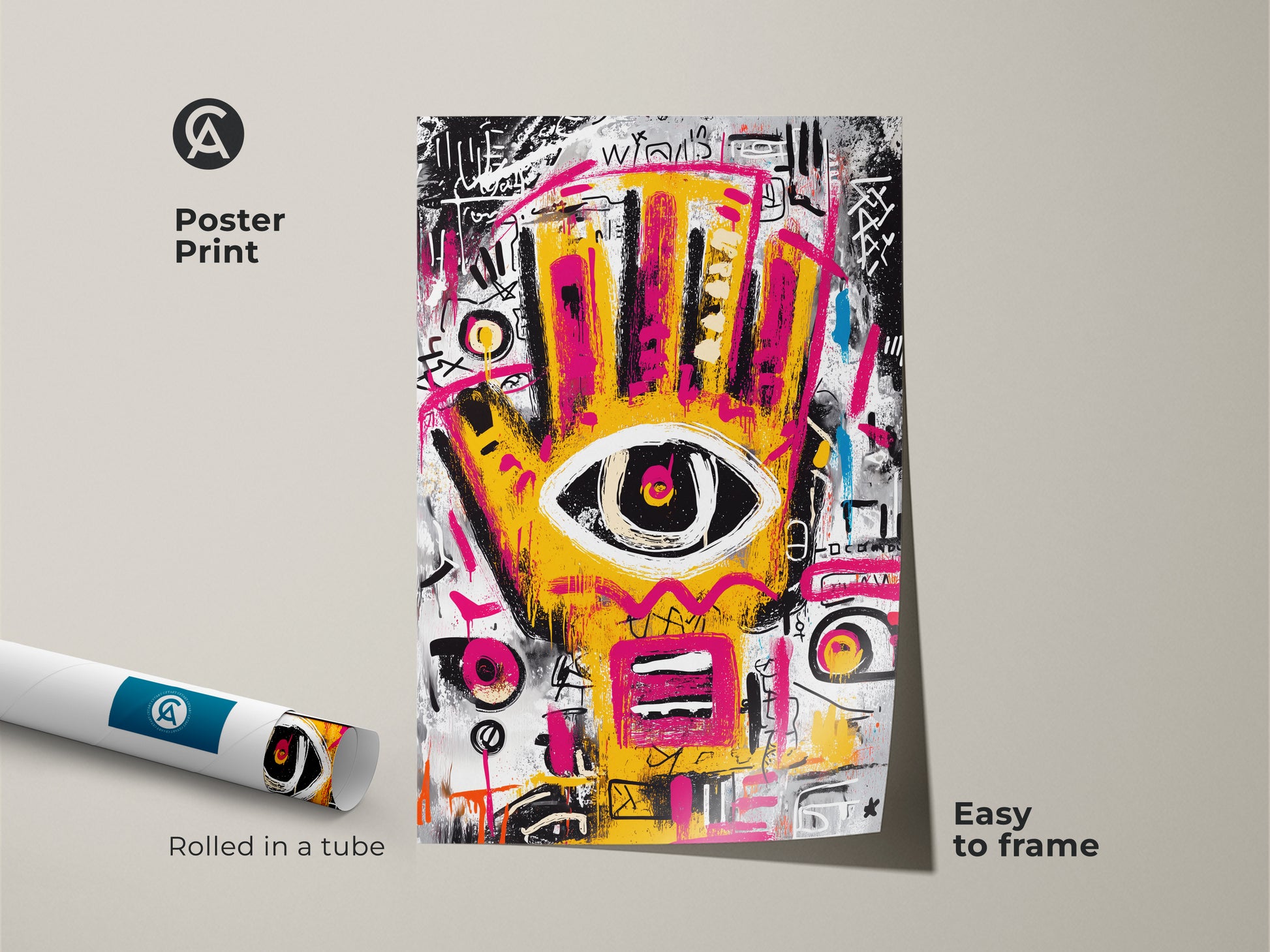 Poster print of abstract art. Features a yellow and pink hand with an eye. This modern art piece is easy to frame. The artwork is rolled in a tube for protection during shipping.