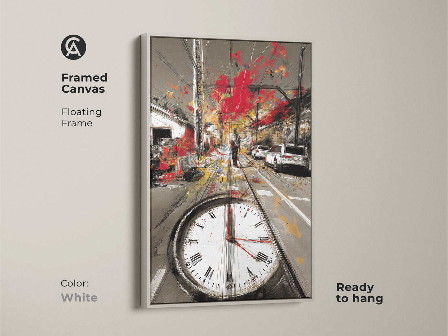 Framed canvas featuring a floating frame in white showcasing an abstract cityscape. The red gray and yellow urban sketch includes tram tracks and a clock face. This contemporary artwork is ready to hang.