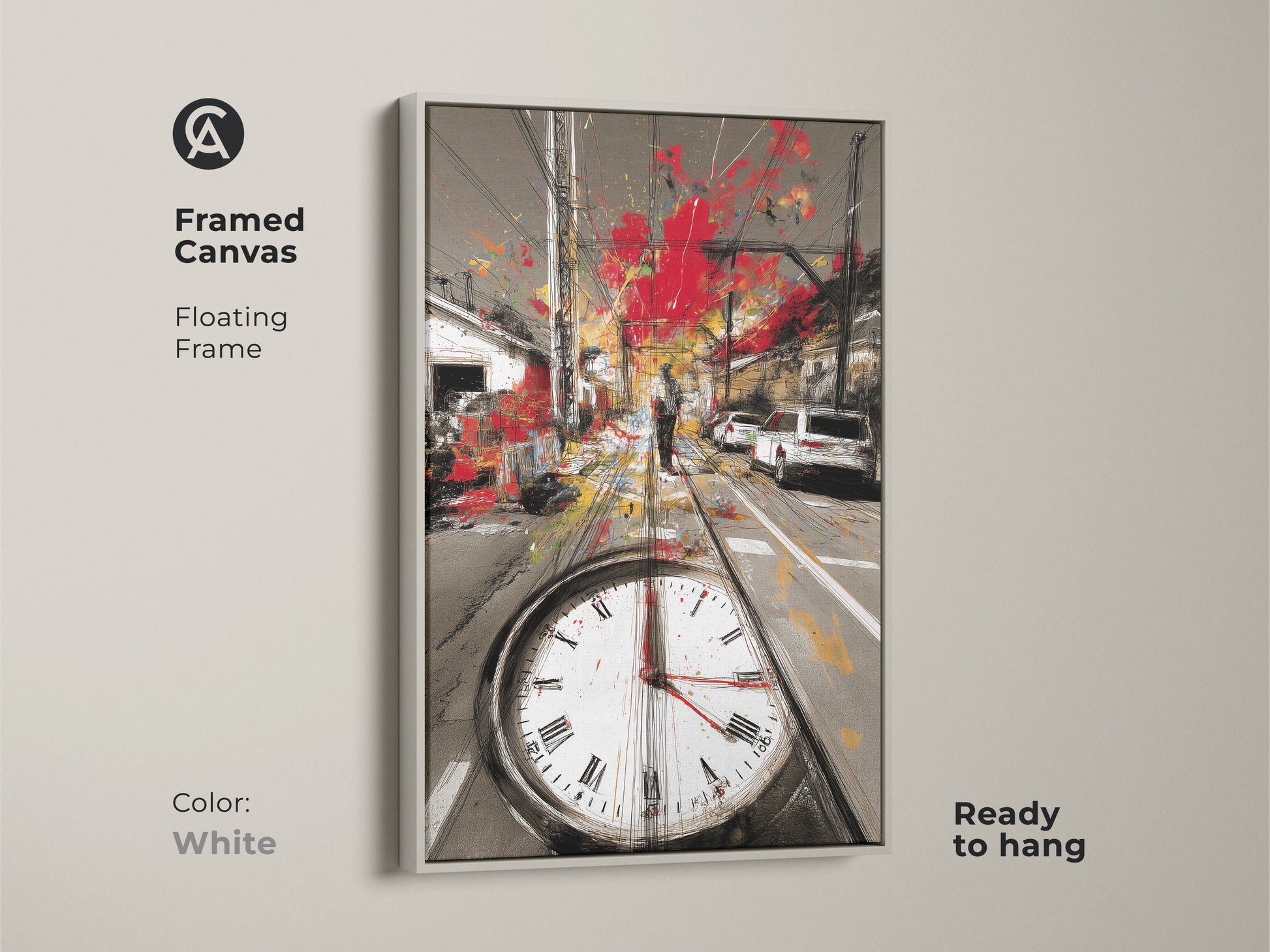 Framed canvas featuring a floating frame in white showcasing an abstract cityscape. The red gray and yellow urban sketch includes tram tracks and a clock face. This contemporary artwork is ready to hang.