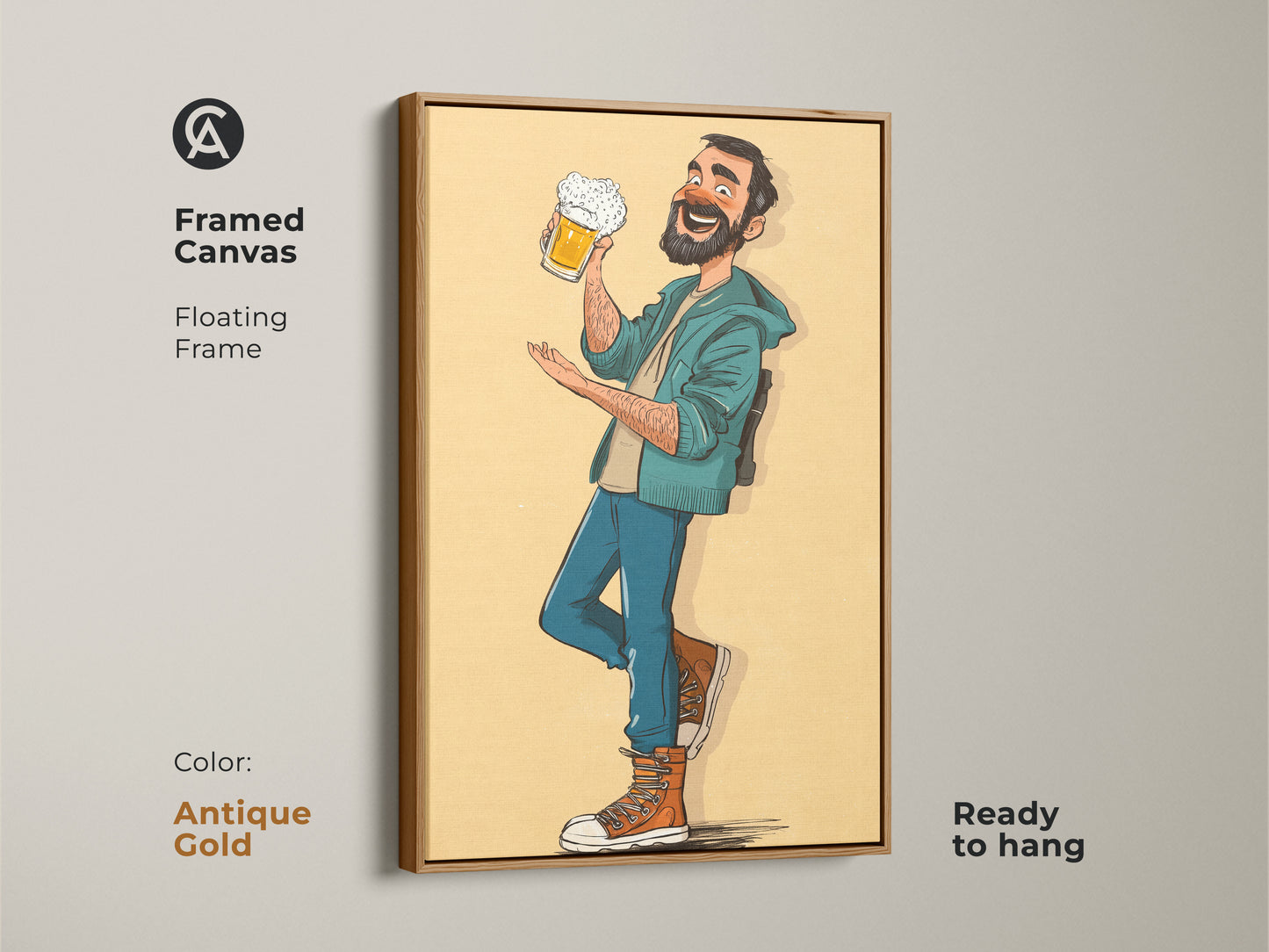 Framed canvas art featuring a cartoon man enjoying a beer with an antique gold floating frame. This eclectic bar art is ready to hang and enjoy. A fun addition to any space for a beer enthusiast. A great present as a Father's Day gift for dad. The yellow orange teal artwork will brighten any room.