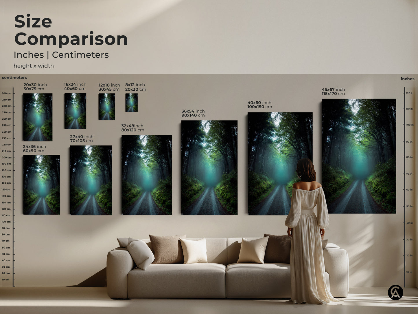 Size comparison of misty forest road art in inches and centimeters. This dark green teal nature landscape is shown in various sizes. Perfect as canvas or poster art. Visualize the rustic woodland trees wall decor in your space. A thoughtful housewarming gift for nature lovers