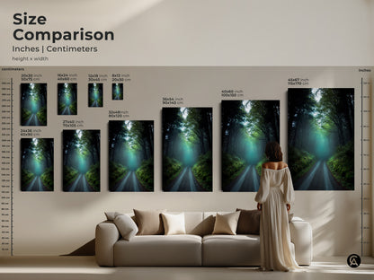Size comparison of misty forest road art in inches and centimeters. This dark green teal nature landscape is shown in various sizes. Perfect as canvas or poster art. Visualize the rustic woodland trees wall decor in your space. A thoughtful housewarming gift for nature lovers