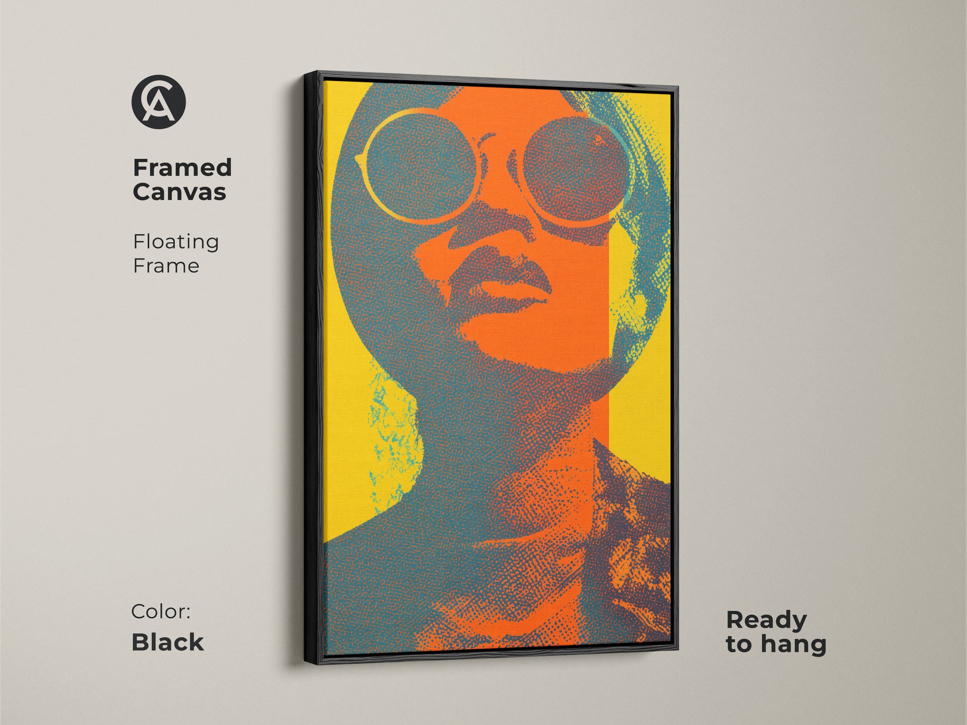Framed canvas of pop art woman. Retro portrait canvas with a floating frame is ready to hang. Abstract sunglasses art in orange teal and yellow. A perfect eclectic wall art piece. Vintage style artwork with bold color print. It is a great gift for retro lovers. Modern face art in a unique home decor.