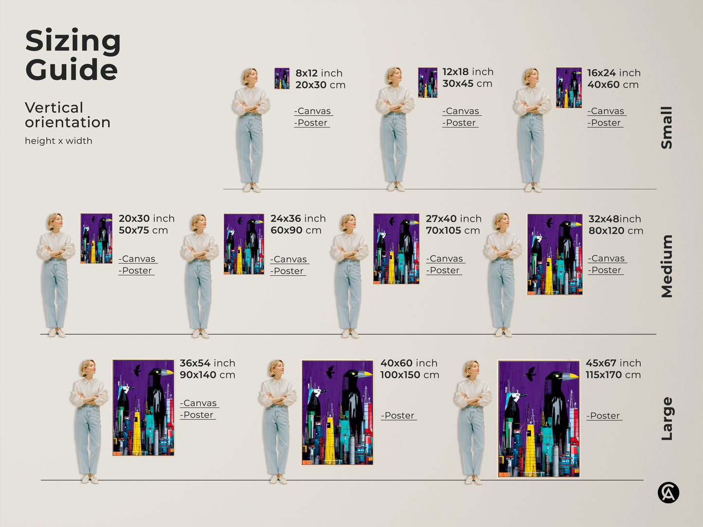 Sizing guide for vertical orientation artwork. Various height and width options are available for canvas and poster prints. Find the perfect size for surreal bird cityscape.