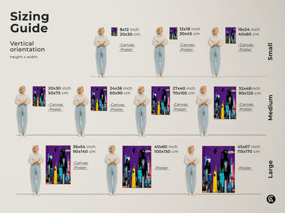 Sizing guide for vertical orientation artwork. Various height and width options are available for canvas and poster prints. Find the perfect size for surreal bird cityscape.