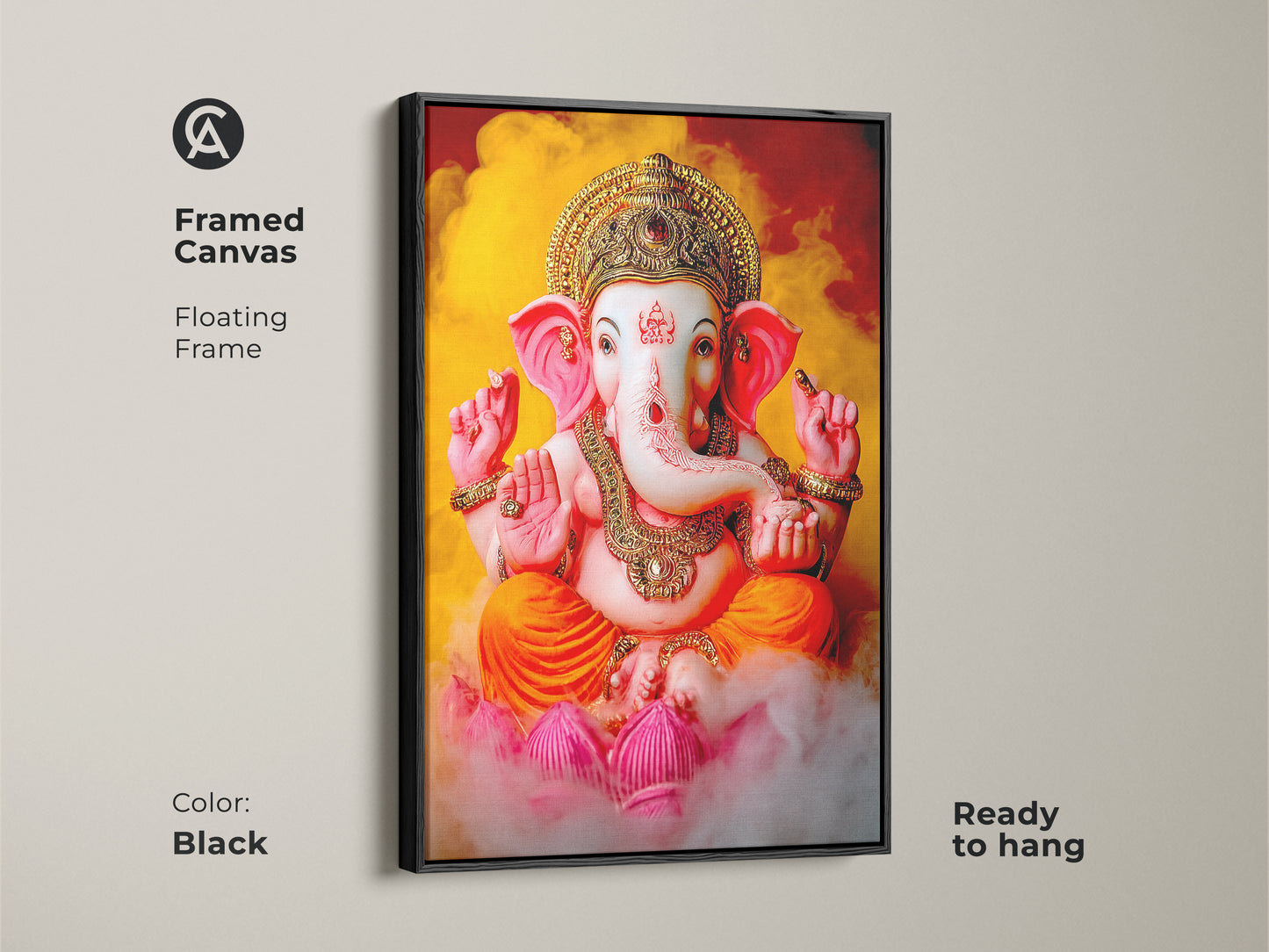 Framed canvas art featuring Lord Ganesha with a black floating frame. Hindu deity artwork ideal for prayer room decor. Spiritual Indian art with orange pink yellow tones. Ready to hang and adds divine grace. This Ganesha blessing art is perfect for spiritual seekers.