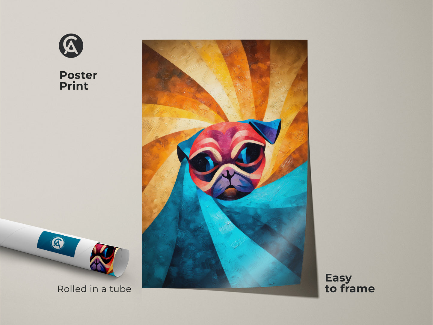 Poster print of an abstract pug. The modern animal artwork is rolled in a tube and easy to frame. This orange and teal dog print makes for eclectic pug decor. A colorful and artistic expression of pet appreciation for any room.