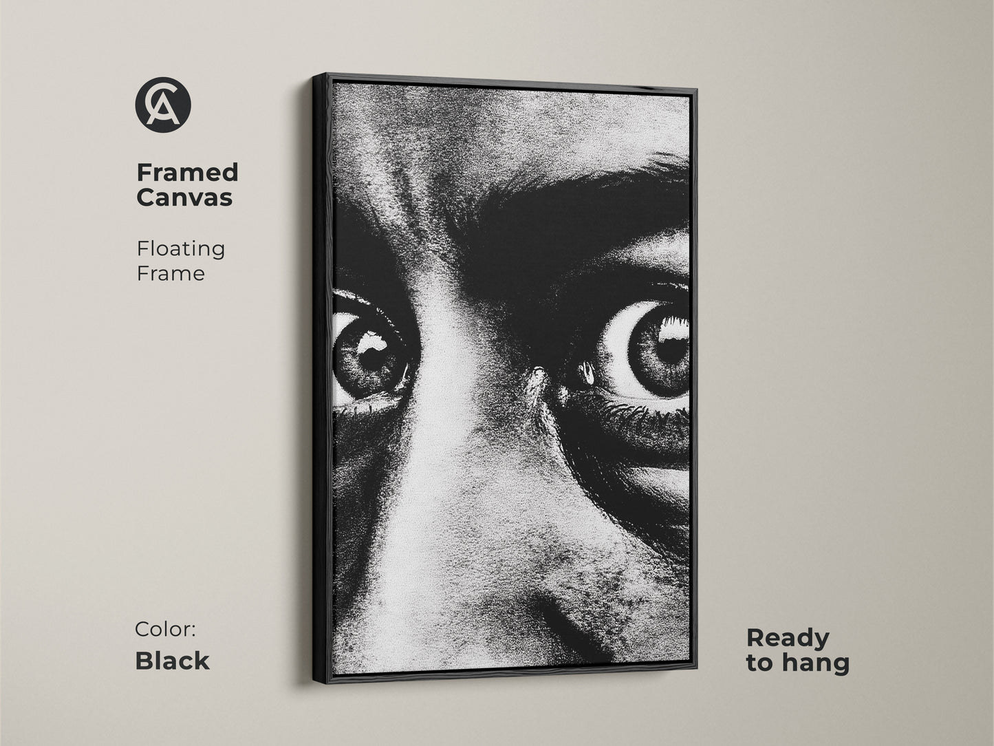 Framed canvas of a monochrome face portrait with a black floating frame. Ready to hang this intense gaze canvas art adds a contemporary touch. The expressive eyes artwork is perfect for modern monochrome decor. Enhance your entryway with this bold black and white print.
