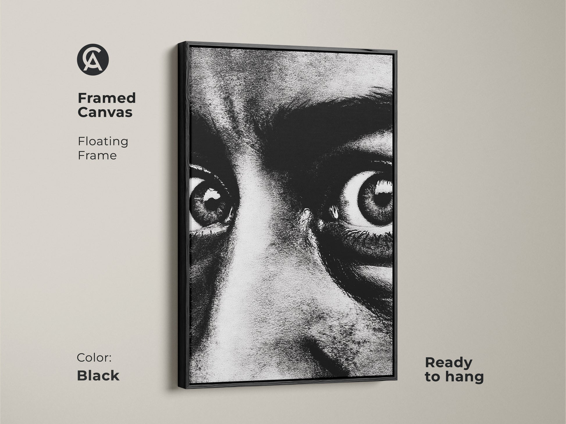 Framed canvas of a monochrome face portrait with a black floating frame. Ready to hang this intense gaze canvas art adds a contemporary touch. The expressive eyes artwork is perfect for modern monochrome decor. Enhance your entryway with this bold black and white print.