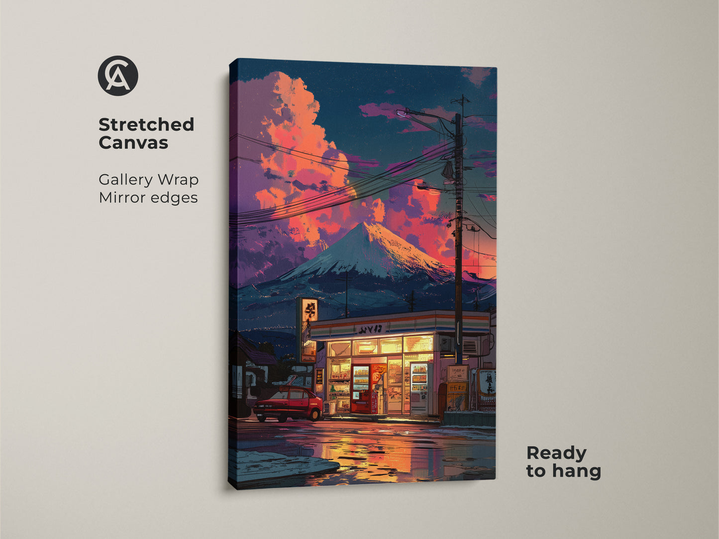 Stretched canvas print featuring a retro anime convenience store scene. A Fuji mountain sunset canvas print adds aesthetic decor. The gallery wrap showcases mirror edges for a clean look. Ready to hang this Japanese cityscape wall art. It is a travel inspired poster for any room.