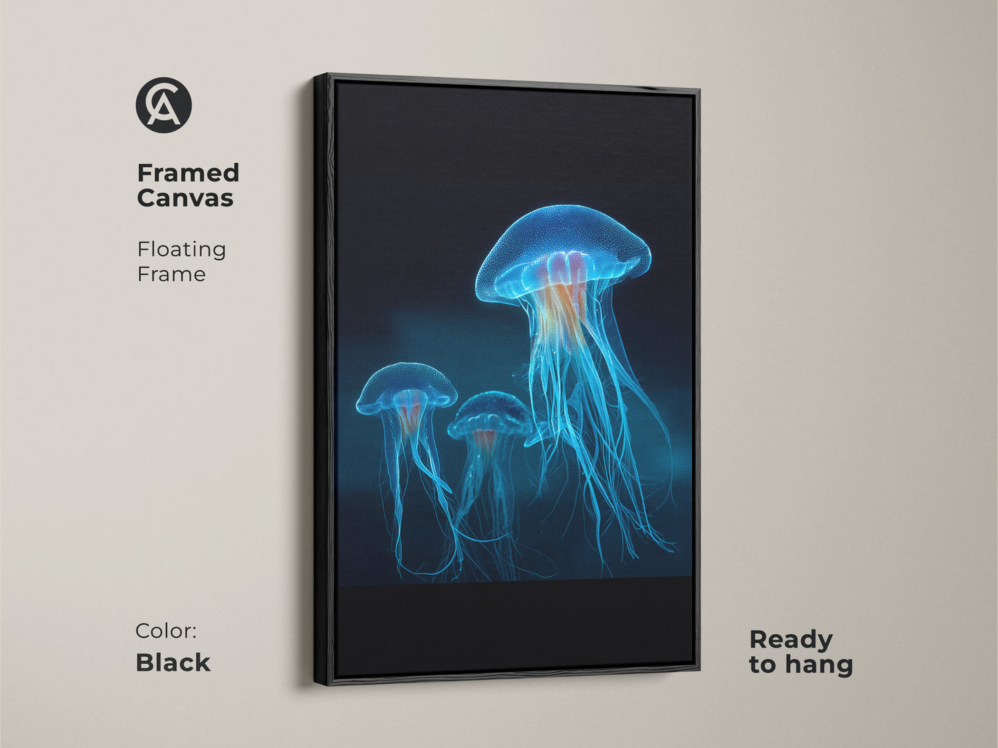 Framed canvas in black displays bioluminescent jellyfish. The floating frame enhances the electric blue ocean artwork. This contemporary artwork is ready to hang and adds a touch of marine biology to any room.