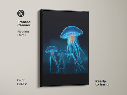 Framed canvas in black displays bioluminescent jellyfish. The floating frame enhances the electric blue ocean artwork. This contemporary artwork is ready to hang and adds a touch of marine biology to any room.