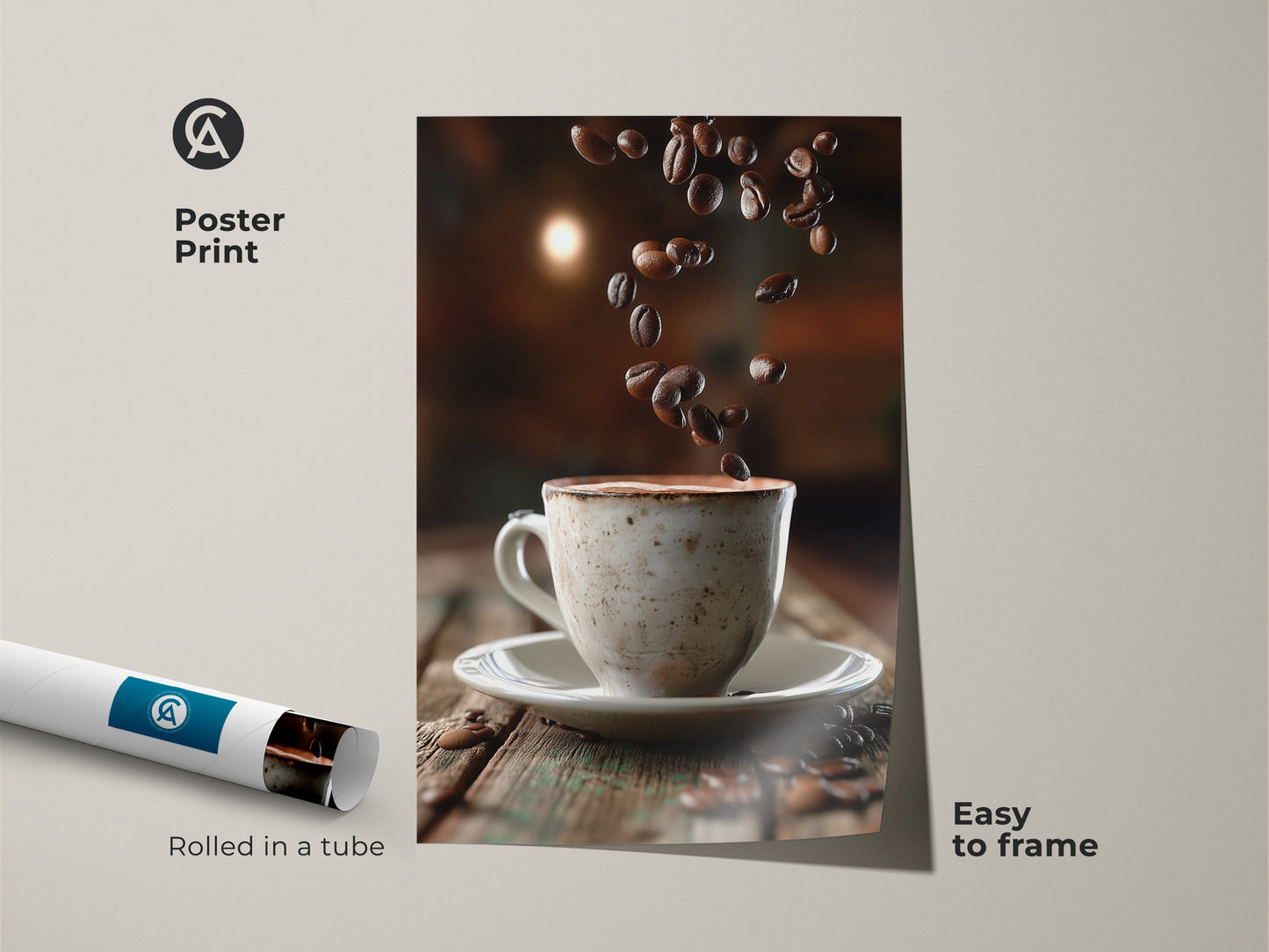 Poster art print of falling coffee beans and a cup. Easy to frame this rustic kitchen wall decor. Modern farmhouse art for coffee lovers. Rolled in a tube for safe shipping.