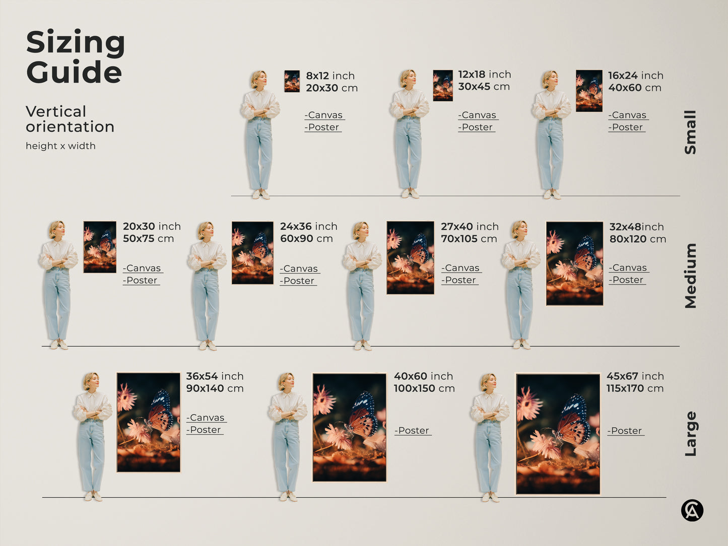 Sizing guide for vertical butterfly and flower artwork. Available in sizes from 8x12 inch to 45x67 inch. Pick canvas or poster prints. Perfect teal peach macro nature wall art.