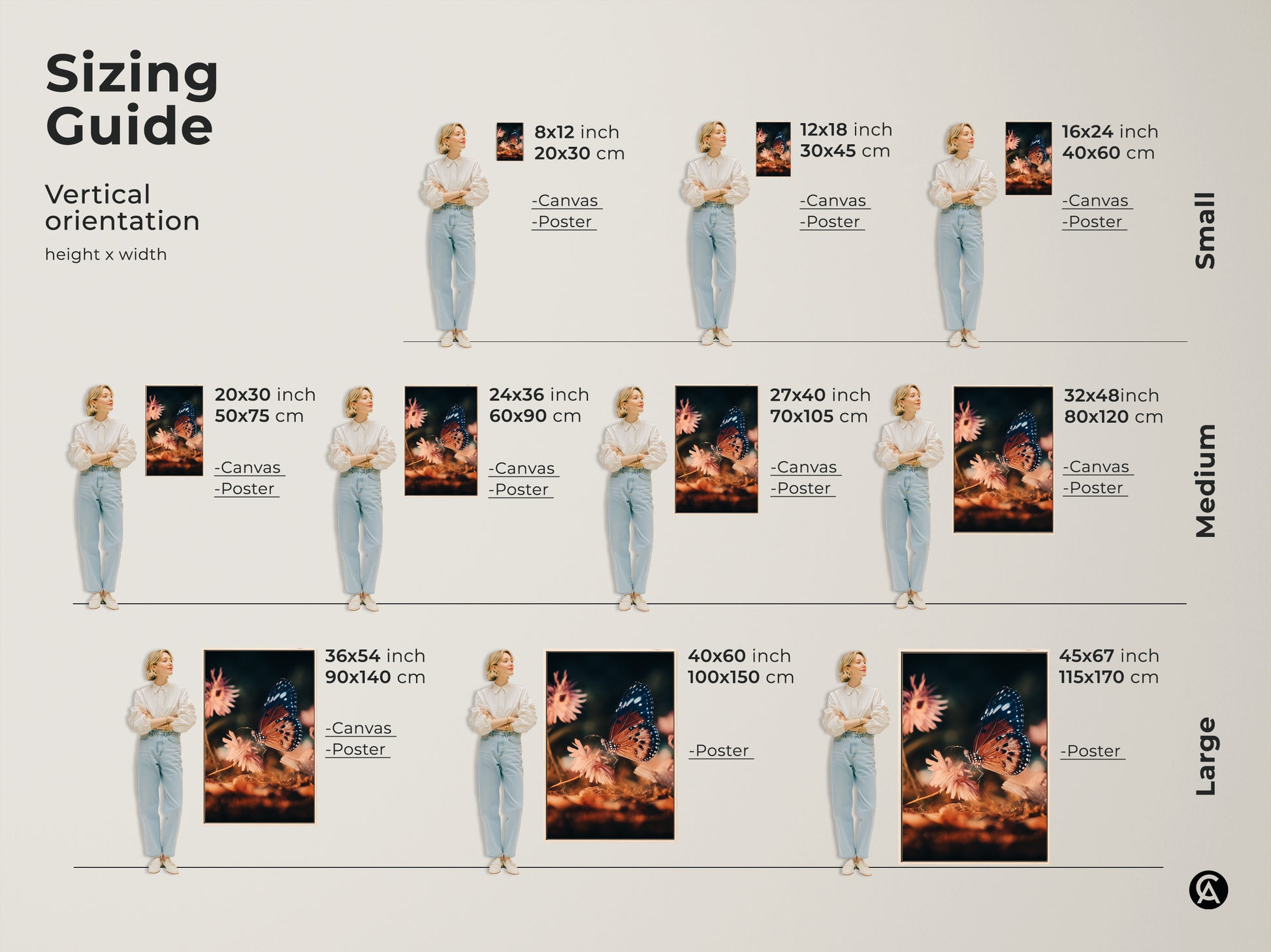 Sizing guide for vertical butterfly and flower artwork. Available in sizes from 8x12 inch to 45x67 inch. Pick canvas or poster prints. Perfect teal peach macro nature wall art.