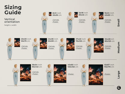 Sizing guide for vertical butterfly and flower artwork. Available in sizes from 8x12 inch to 45x67 inch. Pick canvas or poster prints. Perfect teal peach macro nature wall art.