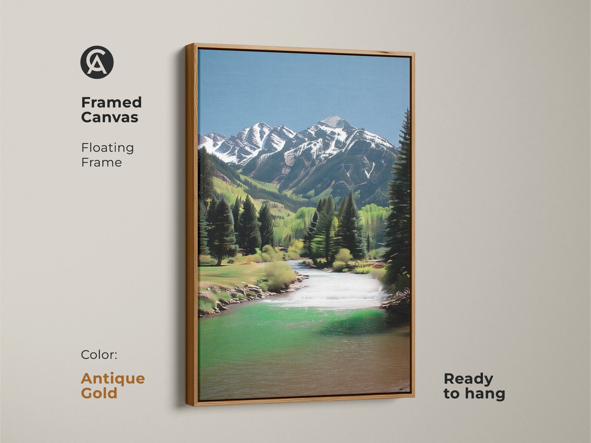 Framed canvas art. The scenic mountain river landscape showcases snow-capped peaks and pine trees. The rustic artwork features an antique gold floating frame. It is ready to hang. A great housewarming gift.