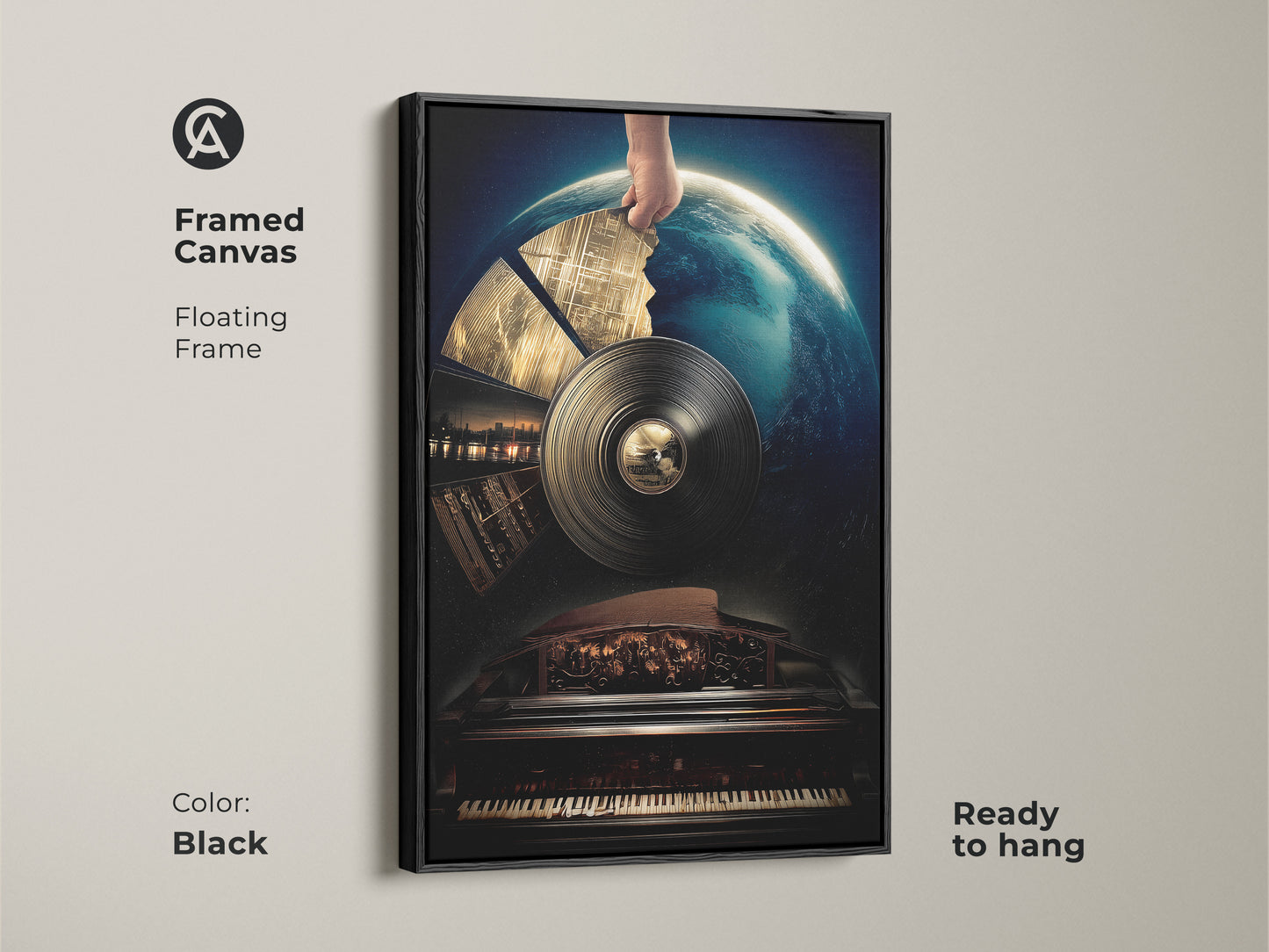 Framed canvas art presenting a conceptual piano wall art piece with a floating frame. The black frame enhances the deep blue and gold artwork. This surreal vinyl record art is ready to hang bringing an eclectic music theme to any space.