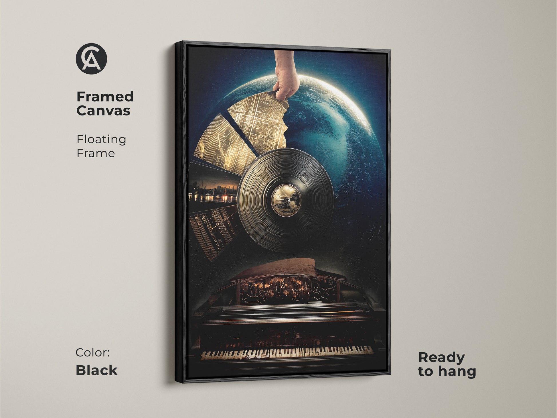 Framed canvas art presenting a conceptual piano wall art piece with a floating frame. The black frame enhances the deep blue and gold artwork. This surreal vinyl record art is ready to hang bringing an eclectic music theme to any space.