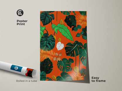 Easy-to-frame poster print of a boho botanical pattern. The tropical Monstera and fern leaves art is rolled in a tube for protection. An orange green and yellow color scheme brings life to any room. This vibrant plant artwork is perfect for plant lovers seeking unique nature pattern wall art.