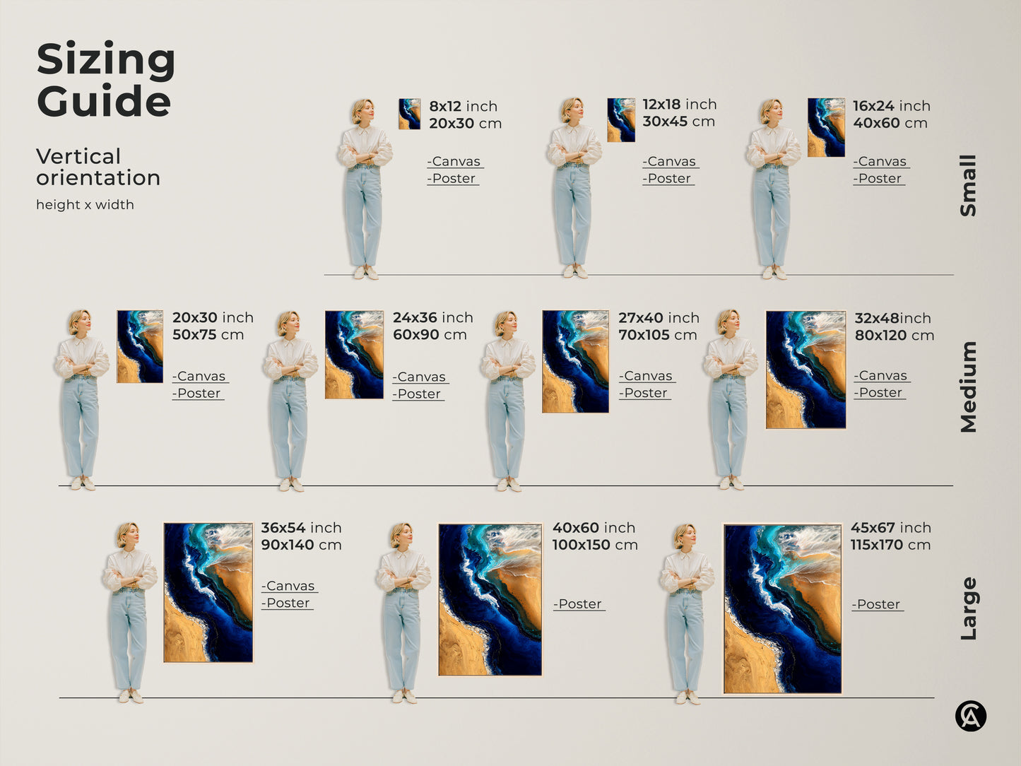 Sizing guide displaying vertical orientation options for abstract ocean prints. Canvas and poster options are available in small medium and large sizes. The fluid art style captures deep blue and sandy gold colors. Find the perfect size to complement your space and enhance your coastal decor. Perfect for modern homes.