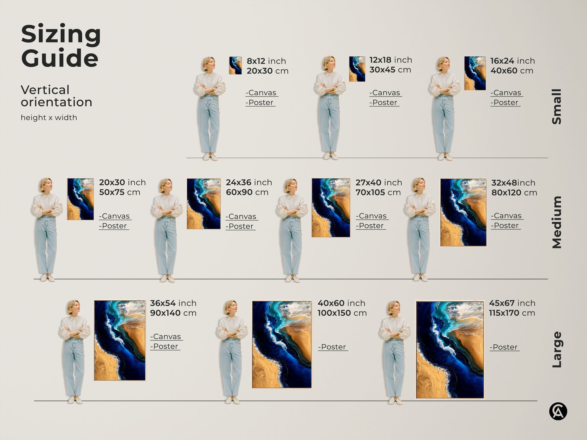 Sizing guide displaying vertical orientation options for abstract ocean prints. Canvas and poster options are available in small medium and large sizes. The fluid art style captures deep blue and sandy gold colors. Find the perfect size to complement your space and enhance your coastal decor. Perfect for modern homes.