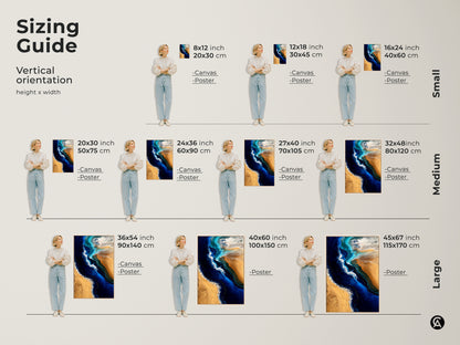 Sizing guide displaying vertical orientation options for abstract ocean prints. Canvas and poster options are available in small medium and large sizes. The fluid art style captures deep blue and sandy gold colors. Find the perfect size to complement your space and enhance your coastal decor. Perfect for modern homes.