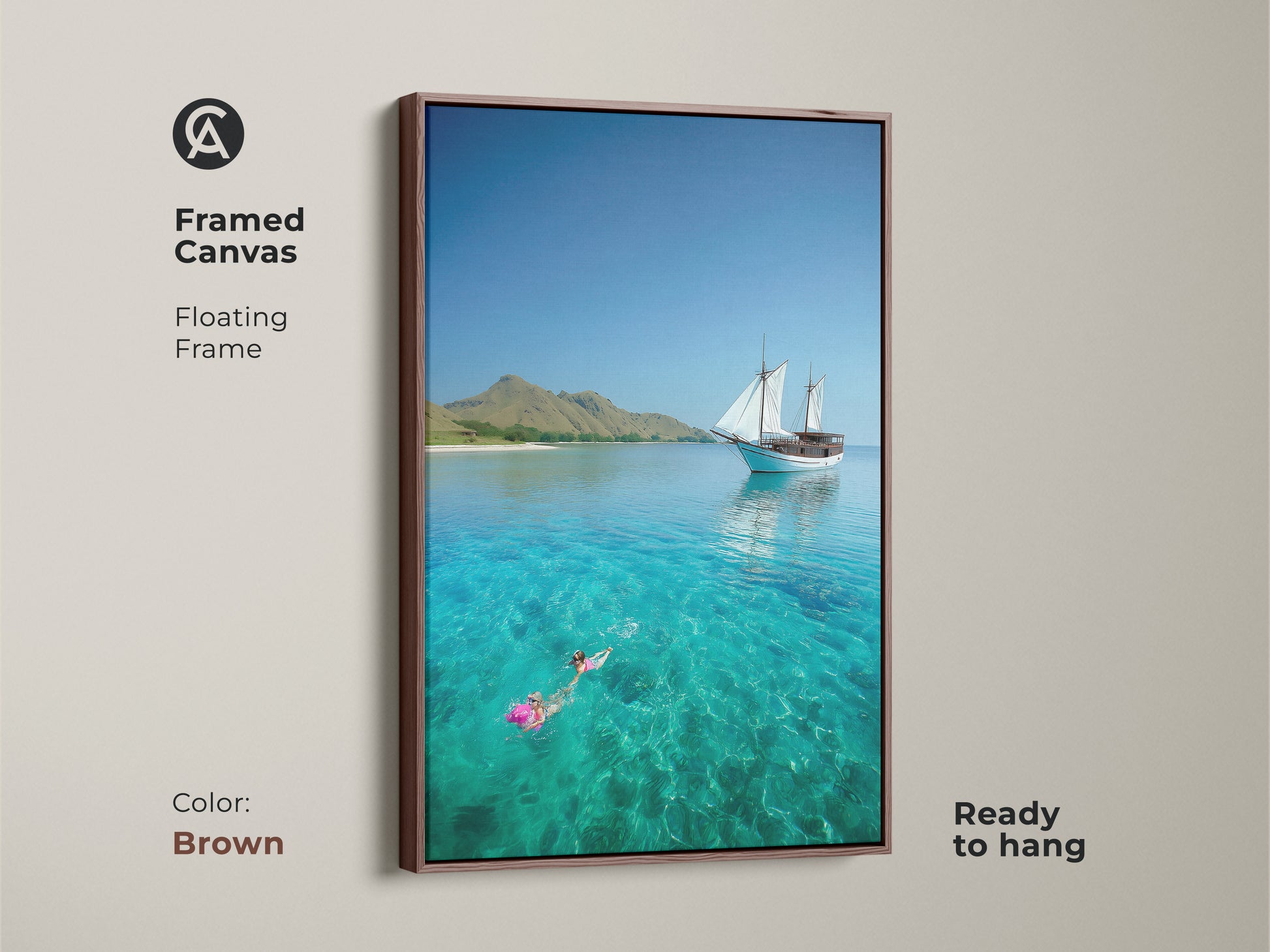 Brown framed canvas art shows a sailboat and snorkeler. The floating frame enhances this coastal art print. Enjoy the turquoise ocean and nautical charm. This artwork creates a relaxing beach vibe.