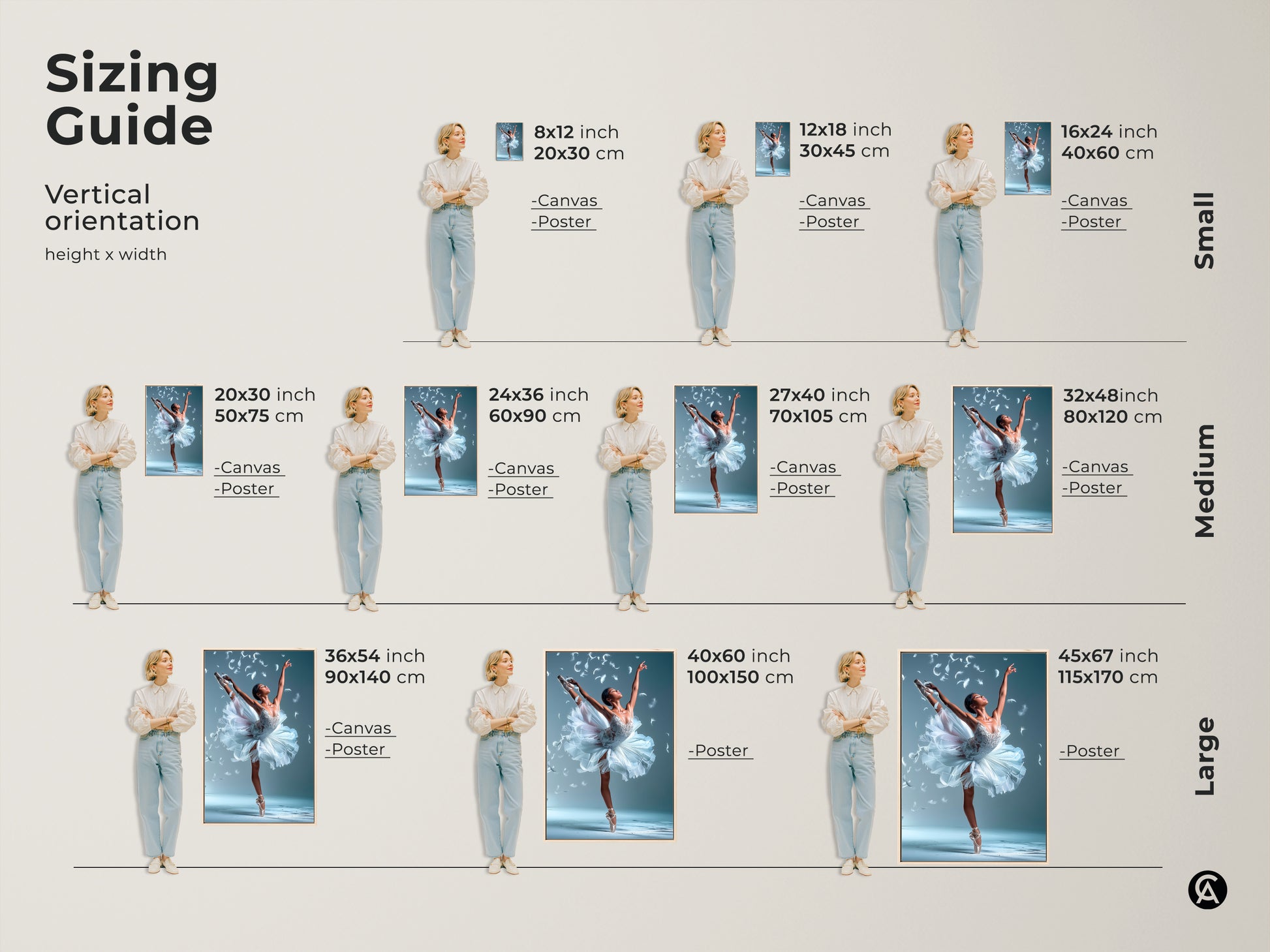 Sizing guide for ballerina artwork. Visualize different sizes of the ballerina art. It is available in canvas and poster prints. See how each size fits in a room setting. Find the perfect fit for your space.