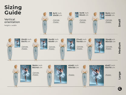 Sizing guide for ballerina artwork. Visualize different sizes of the ballerina art. It is available in canvas and poster prints. See how each size fits in a room setting. Find the perfect fit for your space.